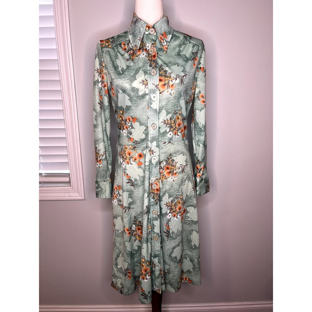 1970s Montgomery Ward Orange Mint Green Fall Floral Dagger Collar Disco Dress M